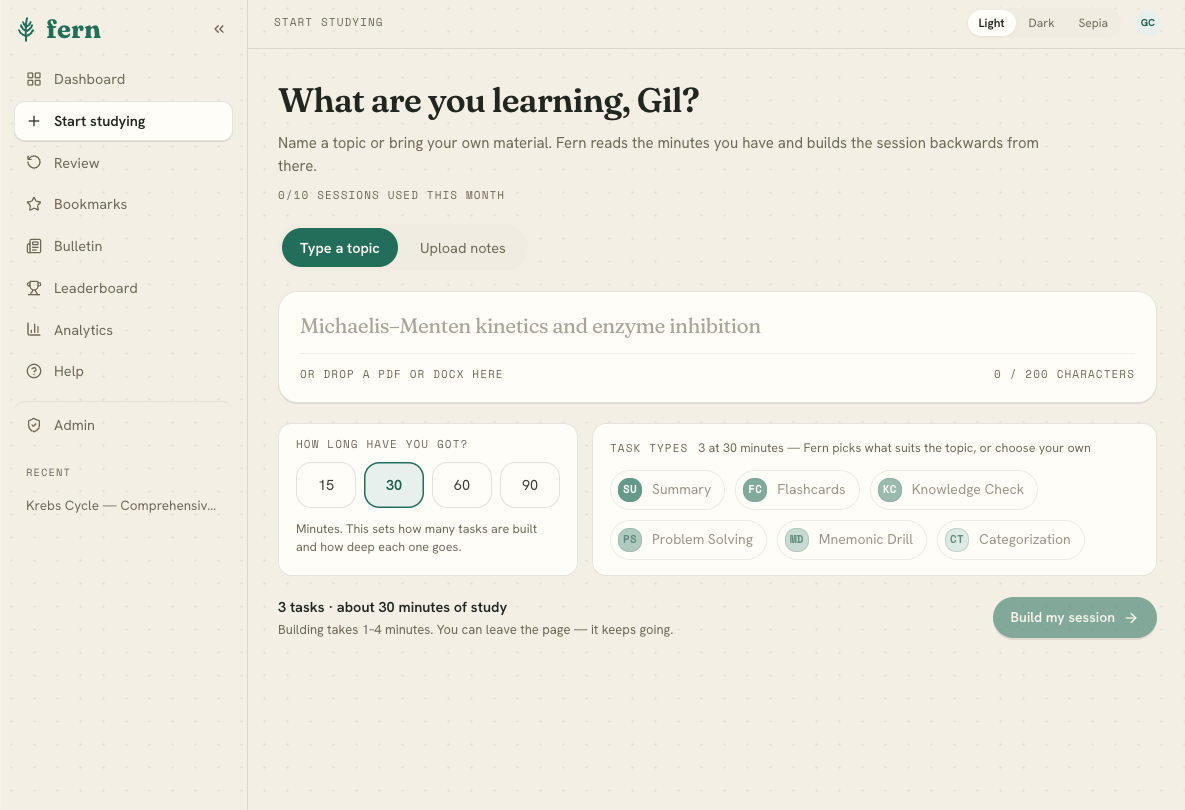 Fern dashboard. Start studying screen with topic input, time picker and task types