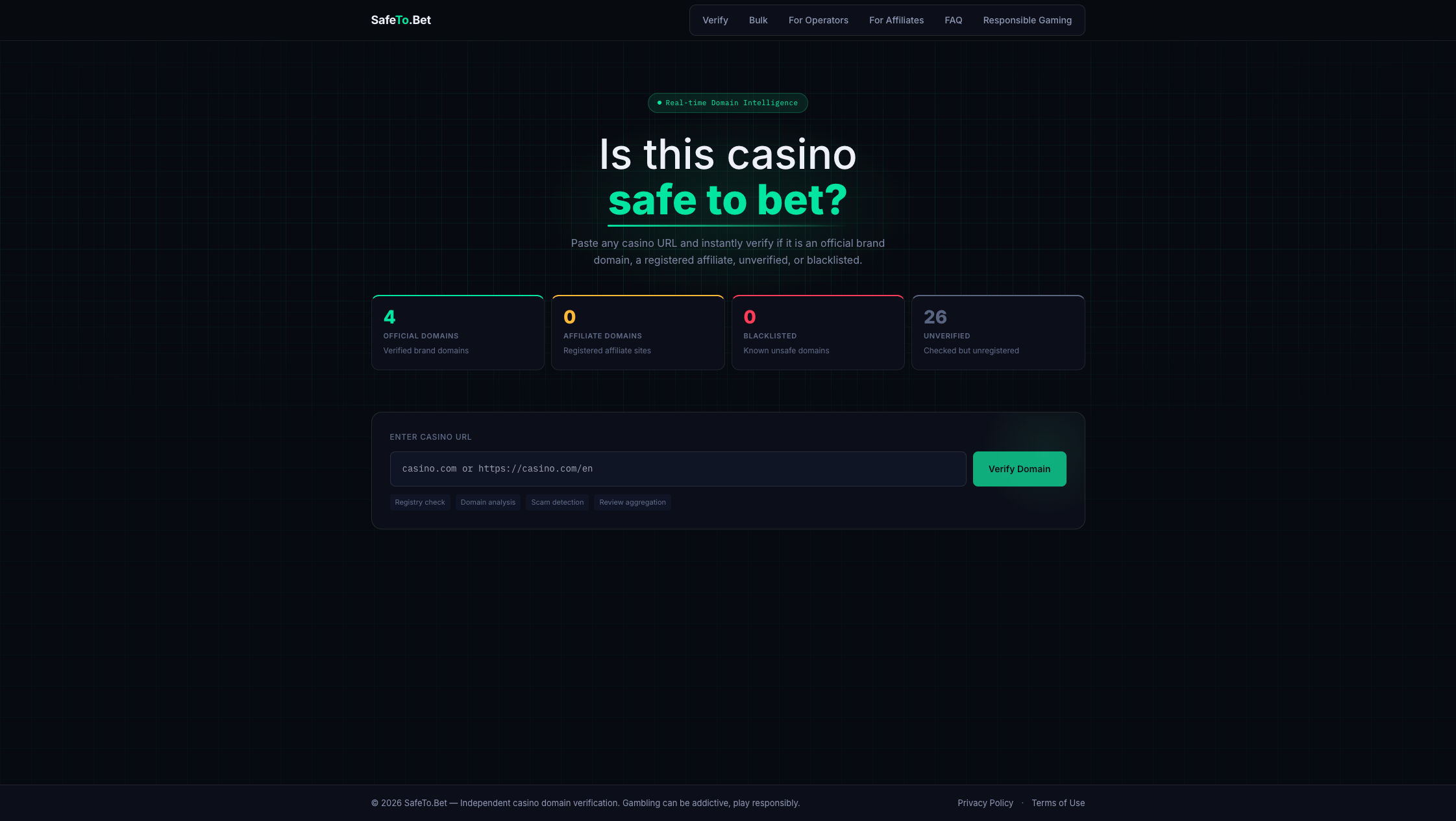 SafeTo.Bet interface, real-time casino domain verification